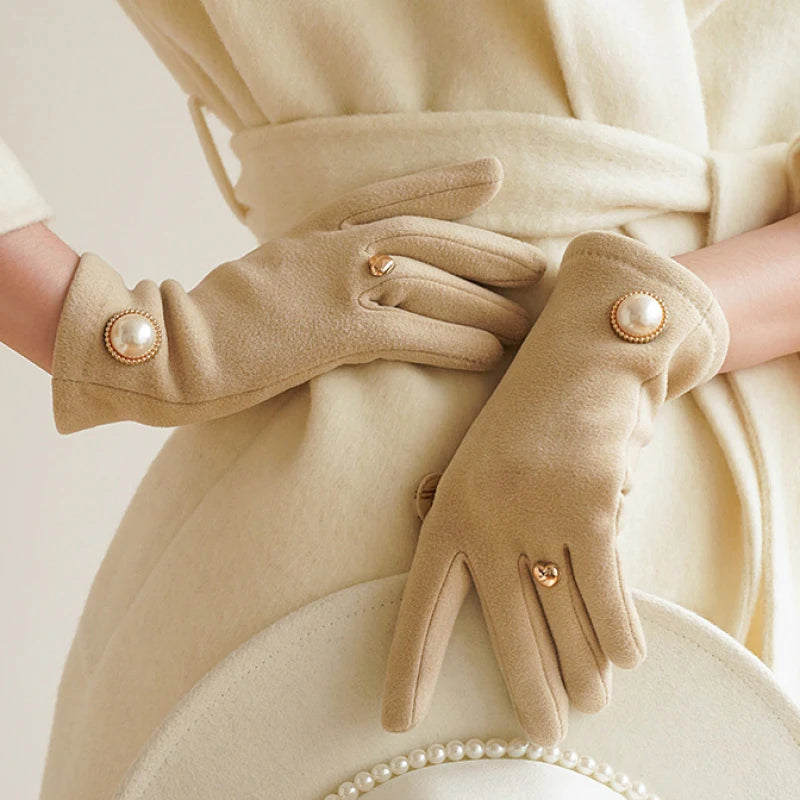 Women Winter Keep Warm Fingertips Clamshell Touch Screen Pearl Gloves Fashion Elegant Retro Luxury Fleece Soft Drive