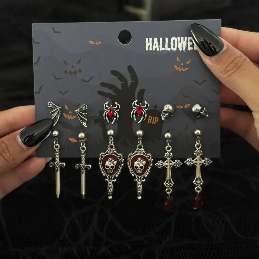 Set de 6 paires de boucles d'oreilles Halloween – Style gothique