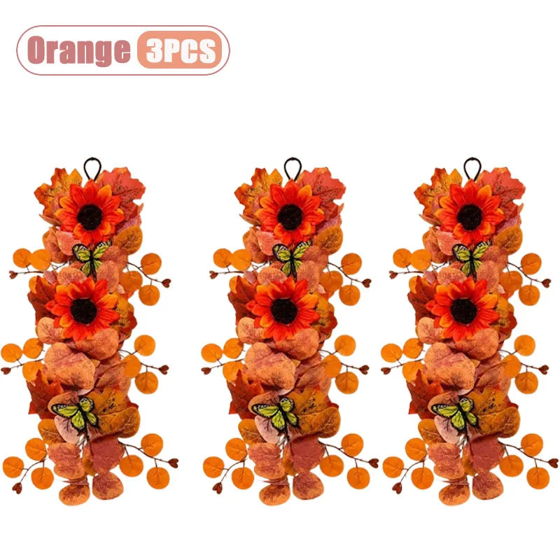 1-5pcs Seasonal Wall Decor Fall Sunflower Maple Leaf Wreath Vine Butterfly for Home Front Door Cozy Autumn Harvest Celebration