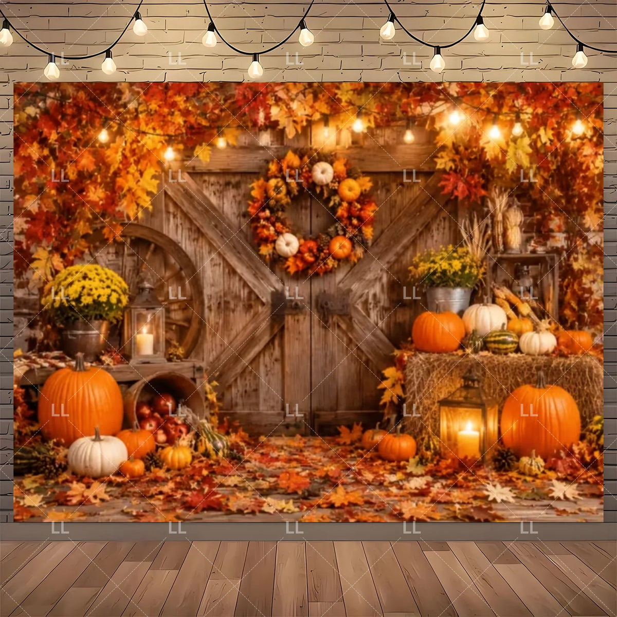 Fall Harvest Backdrop Thanksgiving Festivals Party Decoration Autumn Barn Pumpkin Maple Scarecrow Farm Photography Background