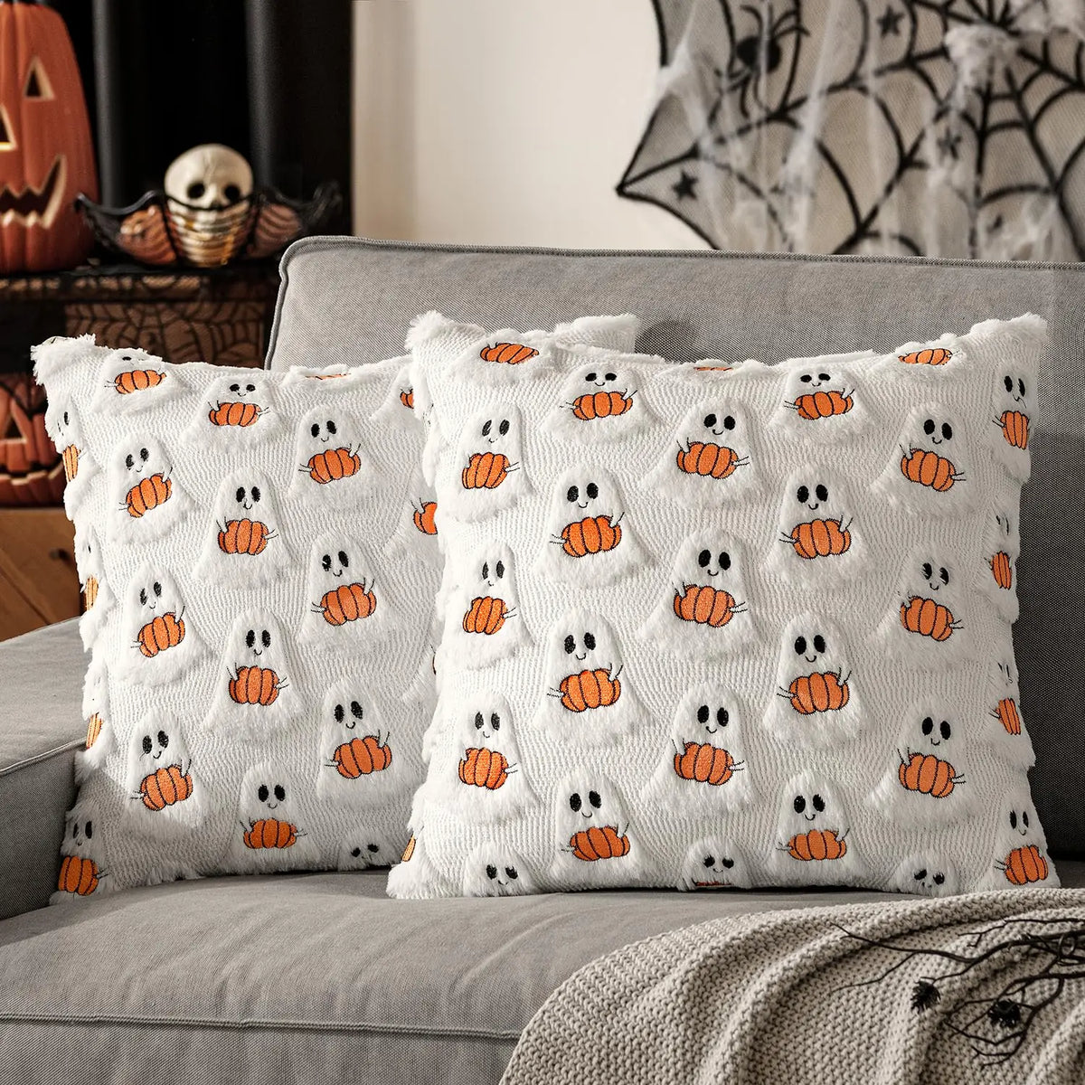 Fall Halloween Throw Pillow Covers Decorative Pumpkin Pattern Pillowcase Soft Plush Faux Wool Cushions for Home Sofa Couch