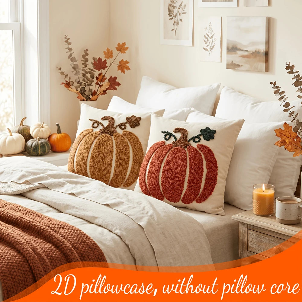2PCS 3D Effect Pumpkin Embroidery Print Pillow Covers Fall Autumn Farmhouse Decorative Throw Pillow Sofa Couch Home Decor
