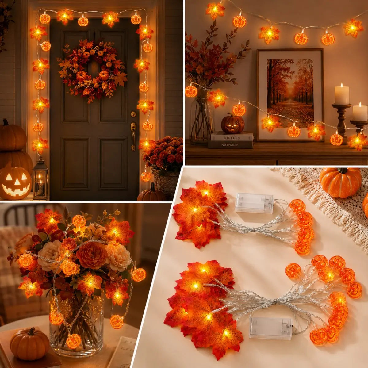 Guirlande lumineuse LED feuilles d'érable et citrouilles – Blanc chaud