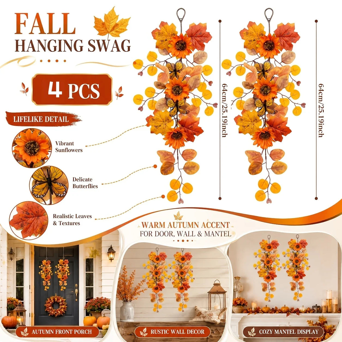 Thanksgiving Autumn Decorative Vine Garlands Orange Sunflowers Maple Leaves Theme Hanging Vines for Home Garden Decoration