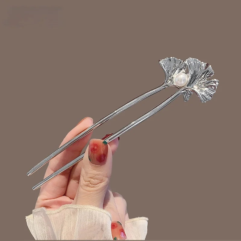 Pearl U-Shaped Hair Fork Fashion Metal Hairpin Geometric Headwear Ginkgo Leaves Hair Sticks Bun Women Girls Hair Accessories