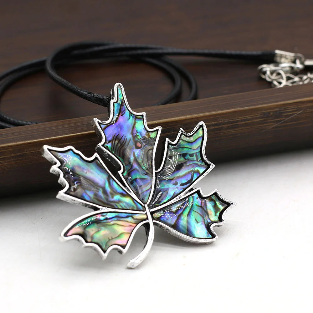 Natural Abalone Shell Pendant Necklace Vintage Maple Leaf Shape Alloy Brooch Necklace With Leather Rope Charm Jewelry For Women