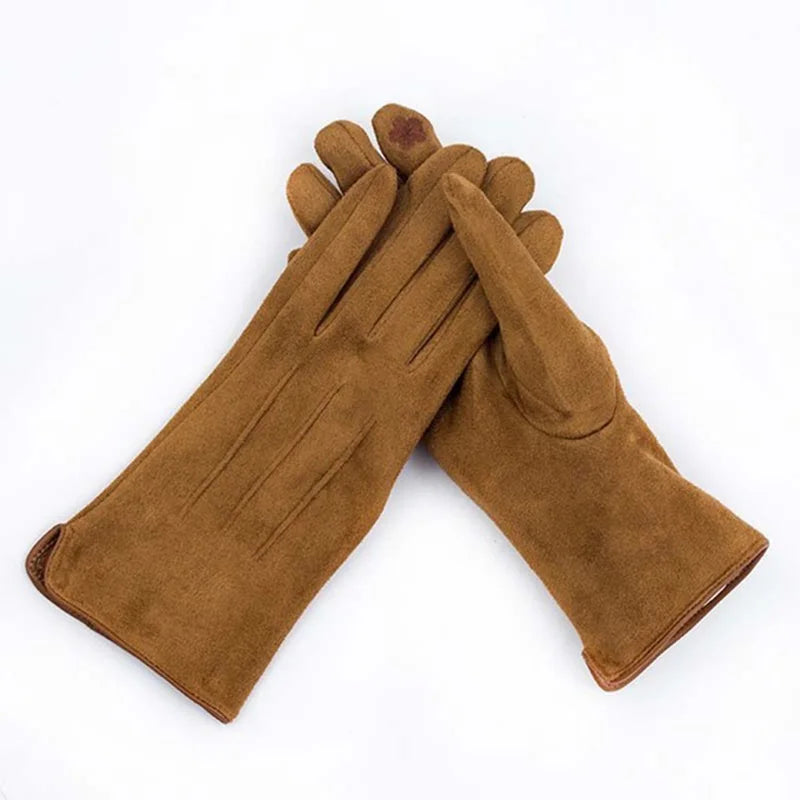 Winter Suede Leather Warm Touch Screen Driving Gloves Women Plus Velvet Thicken Full Finger Pearl Windproof Cycling Mittens K43