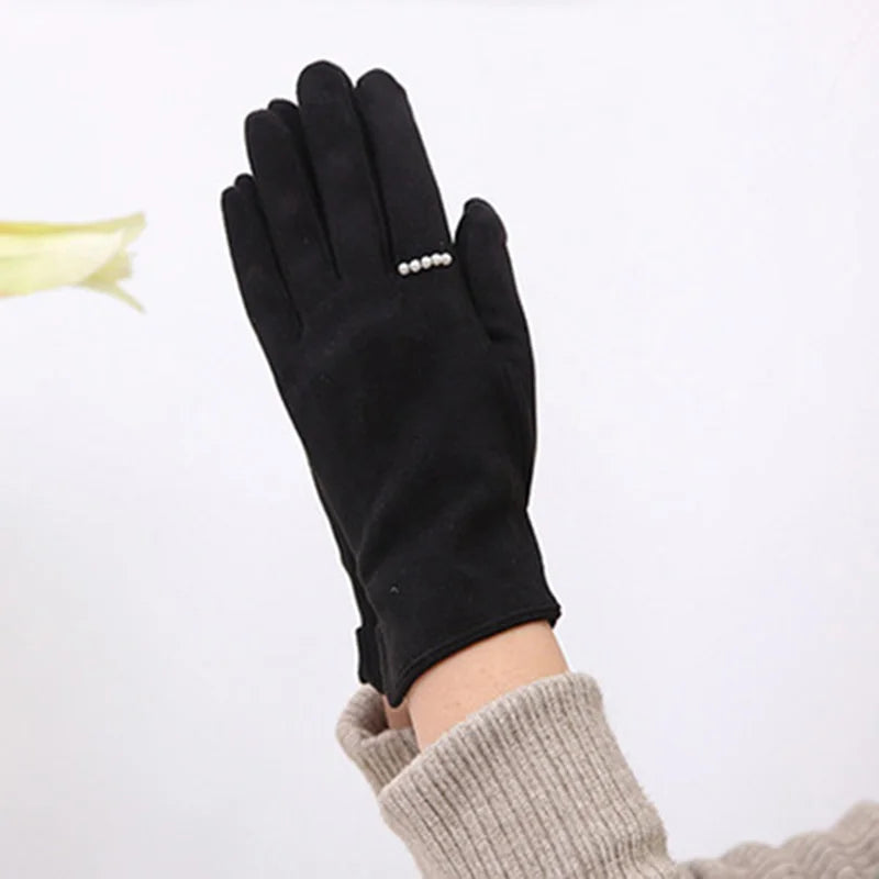 Winter Suede Leather Warm Touch Screen Driving Gloves Women Plus Velvet Thicken Full Finger Pearl Windproof Cycling Mittens K43