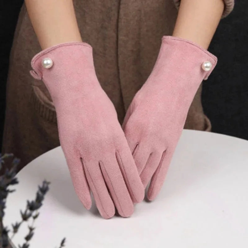 Winter Suede Leather Warm Touch Screen Driving Gloves Women Plus Velvet Thicken Full Finger Pearl Windproof Cycling Mittens K43