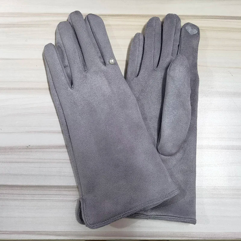Winter Suede Leather Warm Touch Screen Driving Gloves Women Plus Velvet Thicken Full Finger Pearl Windproof Cycling Mittens K43