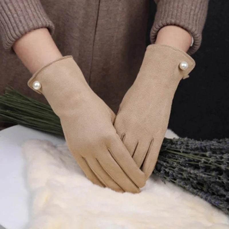 Winter Suede Leather Warm Touch Screen Driving Gloves Women Plus Velvet Thicken Full Finger Pearl Windproof Cycling Mittens K43