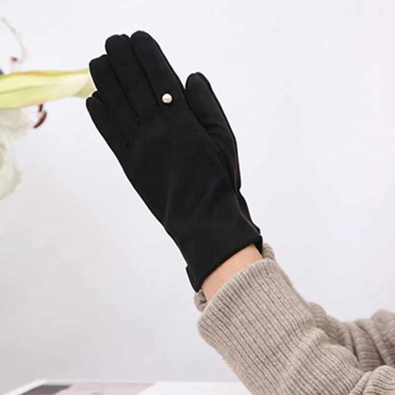 Winter Suede Leather Warm Touch Screen Driving Gloves Women Plus Velvet Thicken Full Finger Pearl Windproof Cycling Mittens K43