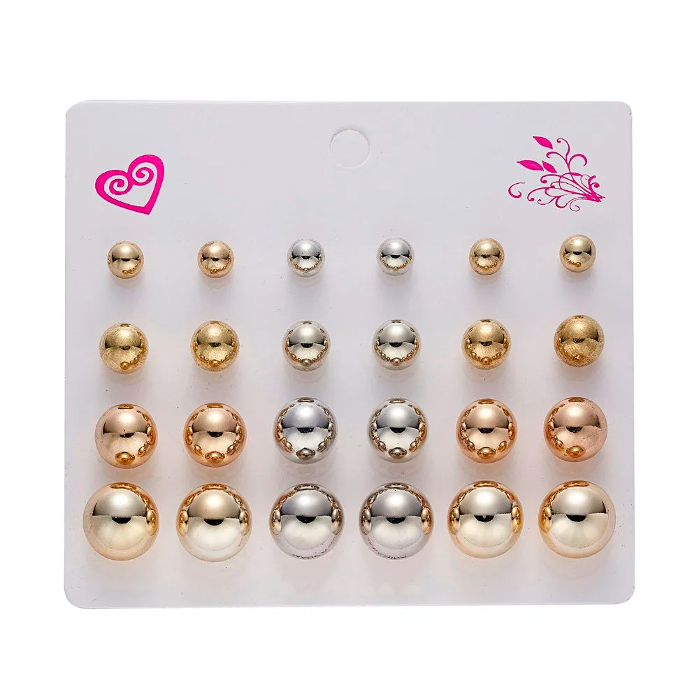 Set de 12 paires de clous d'oreilles fantaisie – zircons colorés