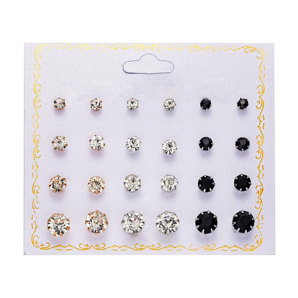 Set de 12 paires de clous d'oreilles fantaisie – Zircons et perles