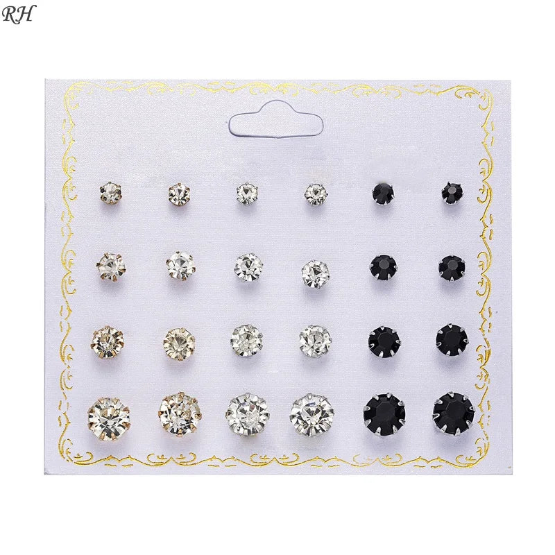 Set de 12 paires de clous d'oreilles fantaisie – Zircons et perles