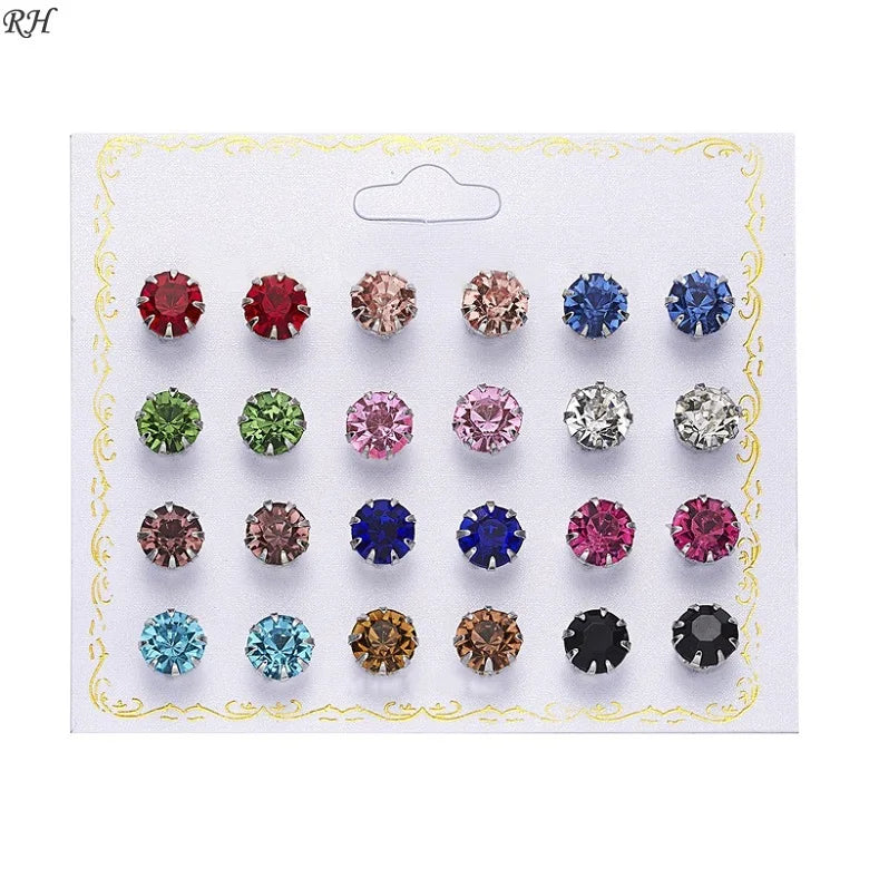 Set de 12 paires de clous d'oreilles fantaisie – Zircons et perles