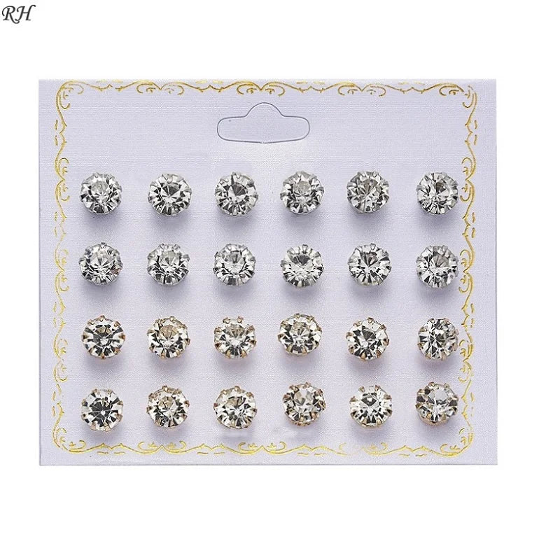 Set de 12 paires de clous d'oreilles fantaisie – Zircons et perles
