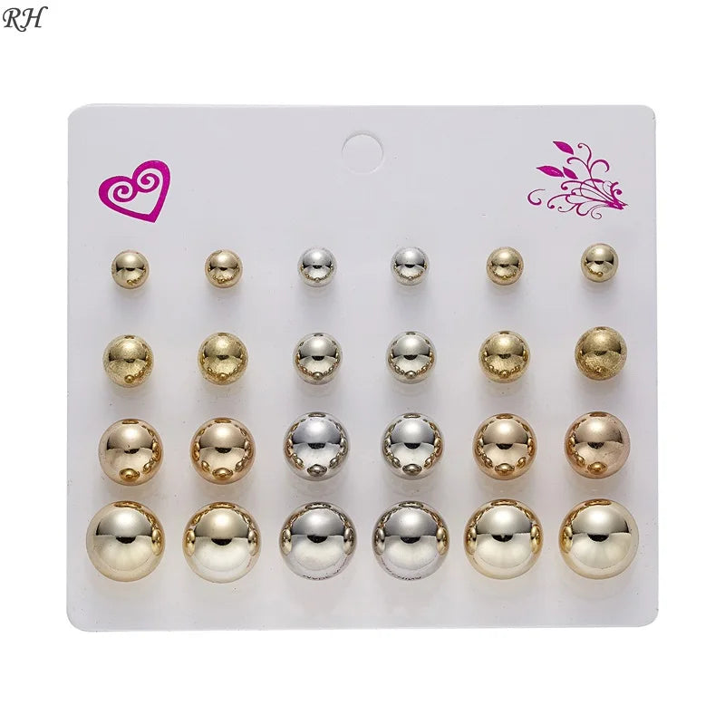 Set de 12 paires de clous d'oreilles fantaisie – Zircons et perles