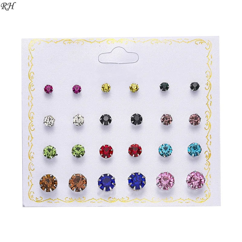 Set de 12 paires de clous d'oreilles fantaisie – Zircons et perles