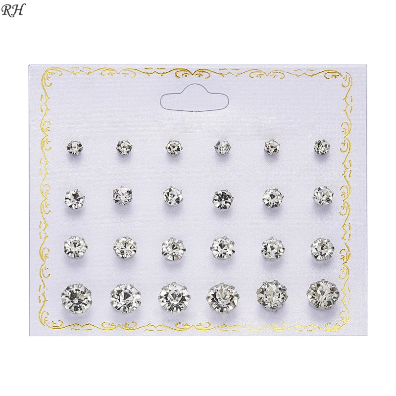 Set de 12 paires de clous d'oreilles fantaisie – Zircons et perles