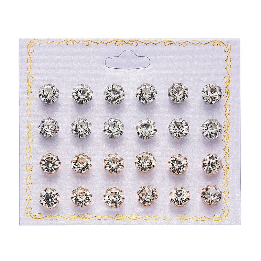Set de 12 paires de clous d'oreilles fantaisie – Zircons et perles