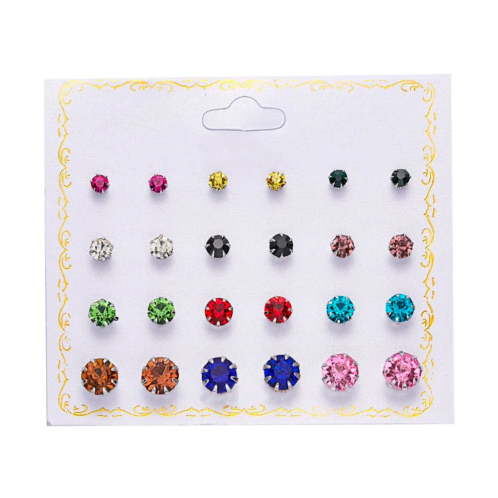 Set de 12 paires de clous d'oreilles fantaisie – Zircons et perles
