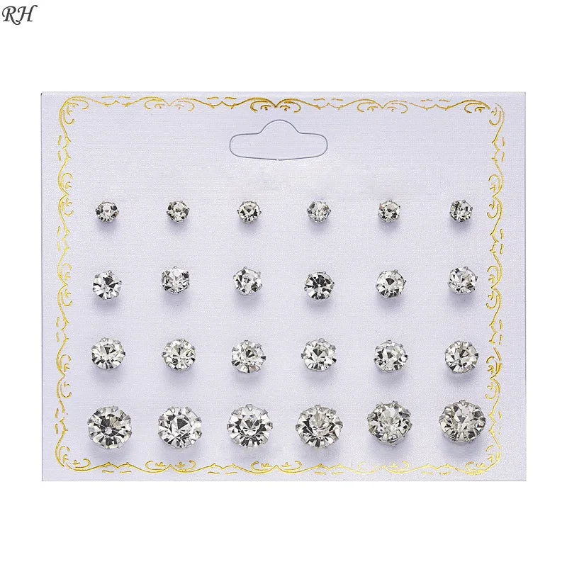 Set de 12 paires de clous d'oreilles fantaisie – Zircons et perles