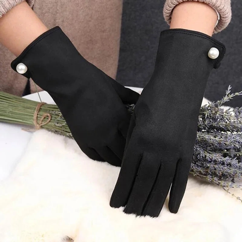 Winter Suede Leather Warm Touch Screen Driving Gloves Women Plus Velvet Thicken Full Finger Pearl Windproof Cycling Mittens K43