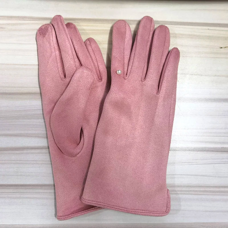 Winter Suede Leather Warm Touch Screen Driving Gloves Women Plus Velvet Thicken Full Finger Pearl Windproof Cycling Mittens K43