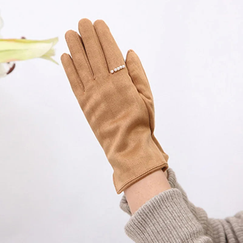 Winter Suede Leather Warm Touch Screen Driving Gloves Women Plus Velvet Thicken Full Finger Pearl Windproof Cycling Mittens K43