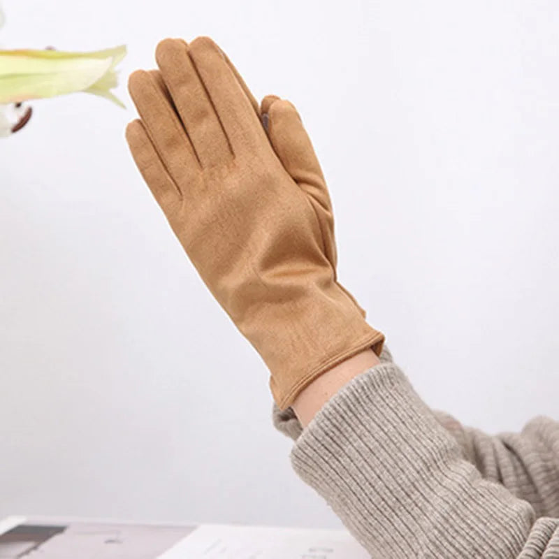 Winter Suede Leather Warm Touch Screen Driving Gloves Women Plus Velvet Thicken Full Finger Pearl Windproof Cycling Mittens K43