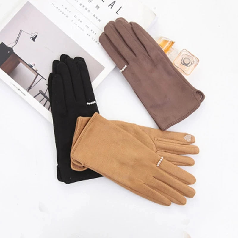 Winter Suede Leather Warm Touch Screen Driving Gloves Women Plus Velvet Thicken Full Finger Pearl Windproof Cycling Mittens K43