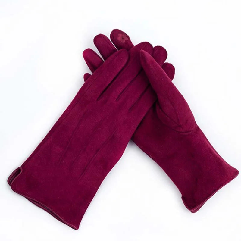 Winter Suede Leather Warm Touch Screen Driving Gloves Women Plus Velvet Thicken Full Finger Pearl Windproof Cycling Mittens K43