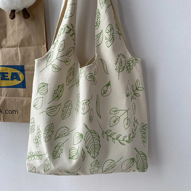 Women Canvas Leaves Flower Tote Shopper Bags Ladies Casual Cotton Cloth Shoulder Bag Eco Reusable Shopping Bag Girl Beach Travel