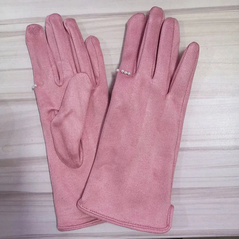 Winter Suede Leather Warm Touch Screen Driving Gloves Women Plus Velvet Thicken Full Finger Pearl Windproof Cycling Mittens K43