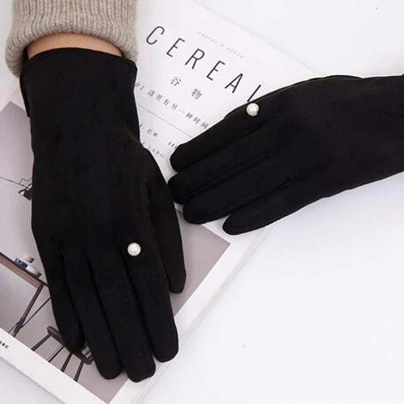 Winter Suede Leather Warm Touch Screen Driving Gloves Women Plus Velvet Thicken Full Finger Pearl Windproof Cycling Mittens K43