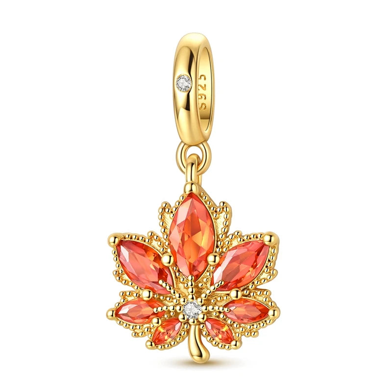 Autumn Original 925 Sterling Silver Golden Mushroom Bead Maple Leaf Acorn Hedgehog Pendant Fit Original Bracelet For Women Gift