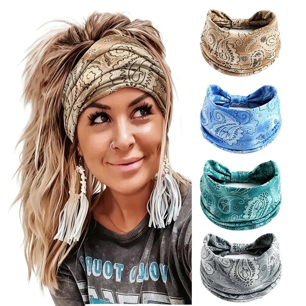 Bohemian Paisley Print Turban Headband Soft Elastic Hairband Women Wide Headwrap Travel Beach Sport Hair Accessories