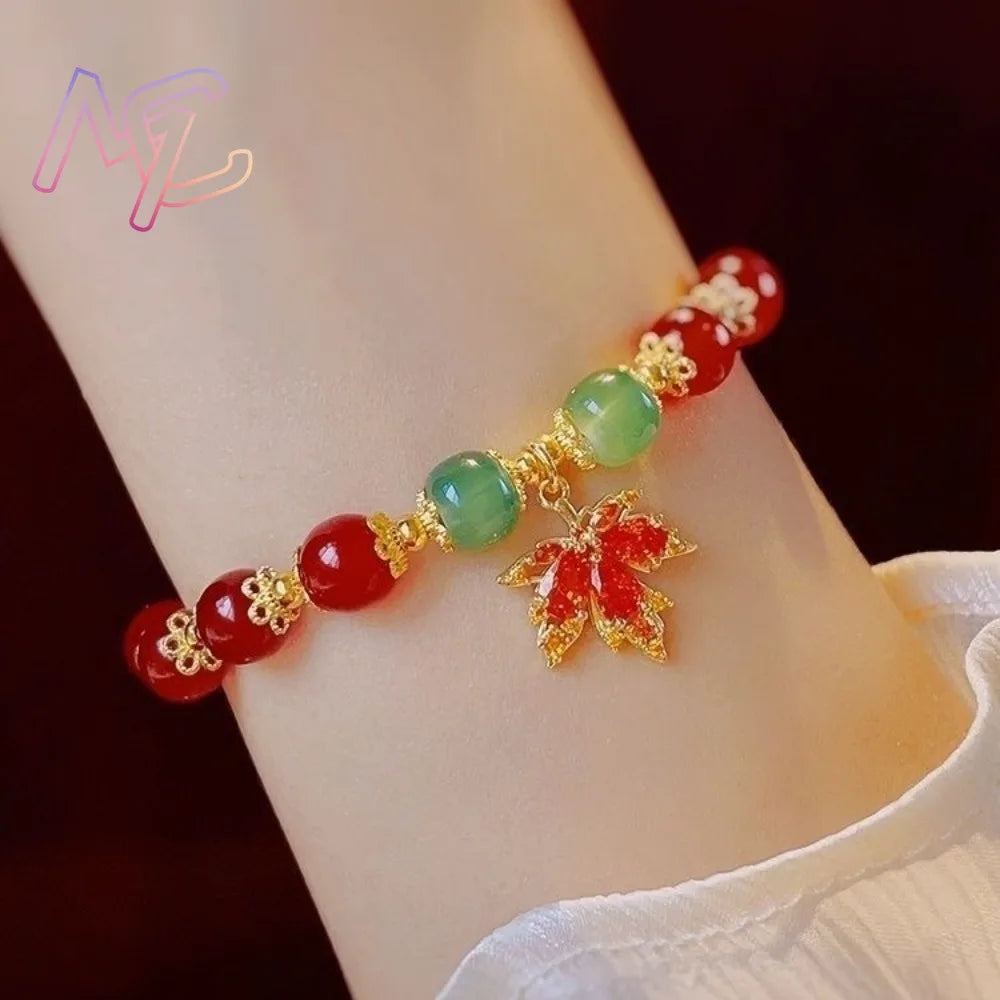 Red Natural Jade Beads Bracelet Maple Leaf Bangle Real Jewelry Fashion Gifts for Women Charm Gemstone Designer Accessories