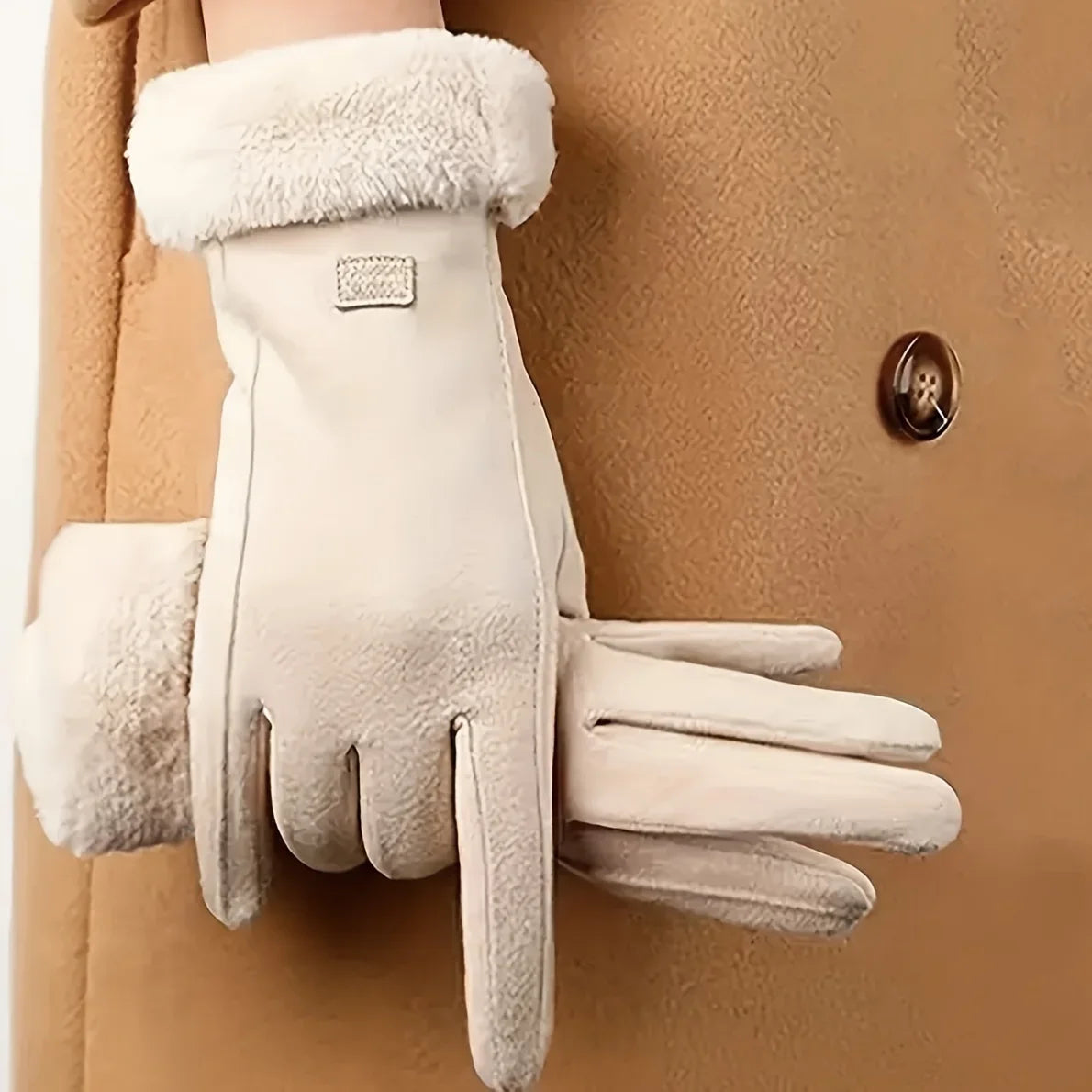 Comfortable beige touchscreen gloves with plush lining - providing thick and warm winter protection for outdoor leisure