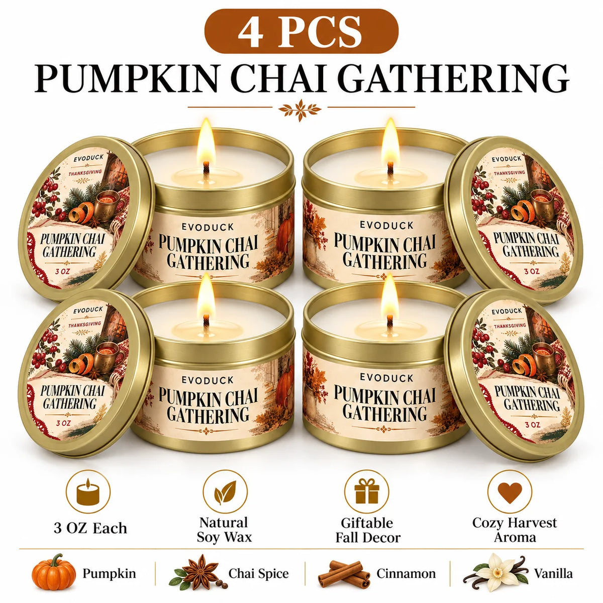 Thanksgiving Scented Candles Gift Set 3oz Gold Tins, Choose 1, 2 or 4 Pcs, 4 Fall Scents, Gift Box & Card, Hostess Gift