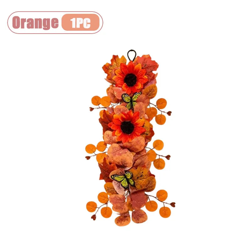 1-5pcs Seasonal Wall Decor Fall Sunflower Maple Leaf Wreath Vine Butterfly for Home Front Door Cozy Autumn Harvest Celebration