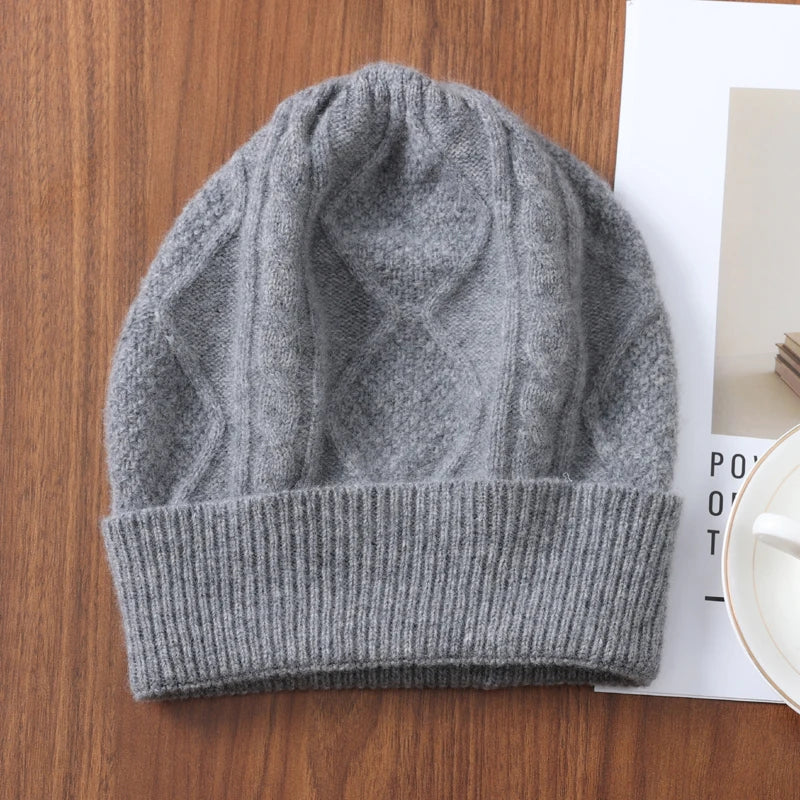 Women 100% Merino Wool Winter's Knitted Hat Men Rhombus Pattern Solid Warm Soft Wollen Beanies Y2K Hiphop Street Bonnet Skullies