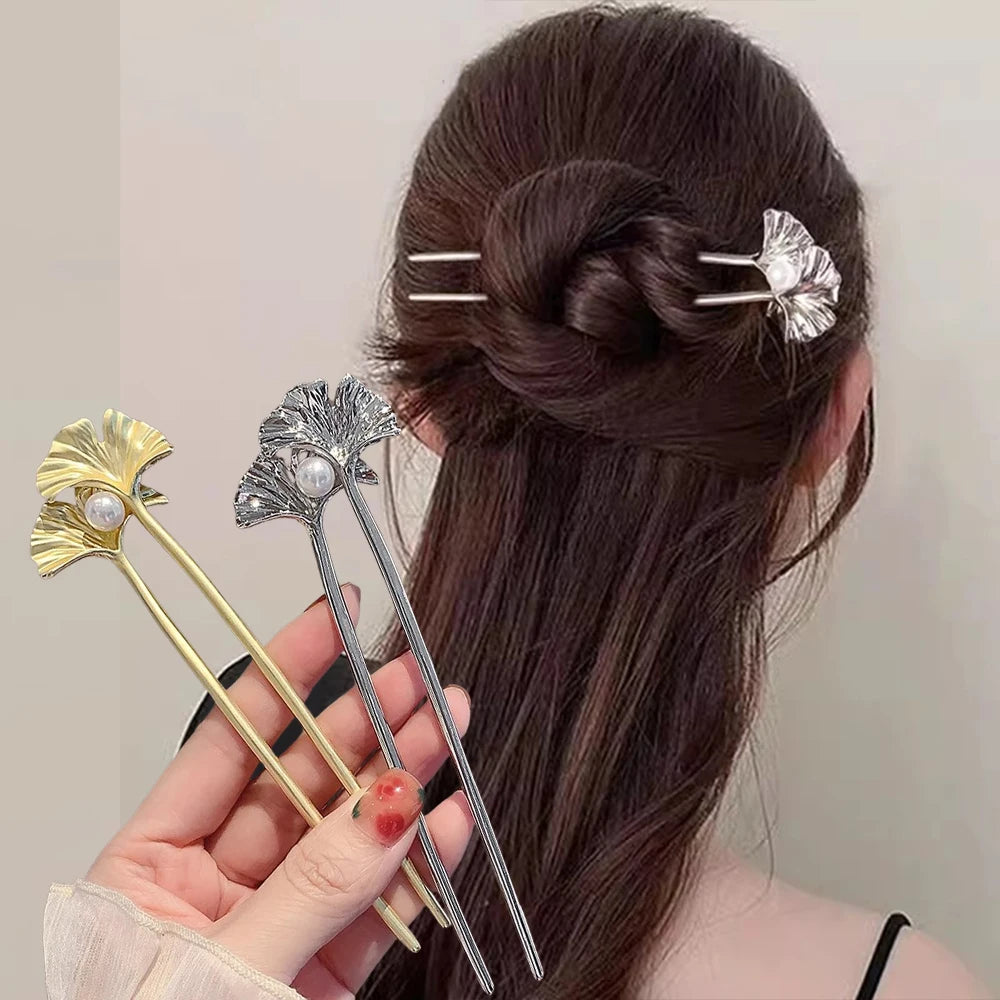 Pearl U-Shaped Hair Fork Fashion Metal Hairpin Geometric Headwear Ginkgo Leaves Hair Sticks Bun Women Girls  Hair Accessories