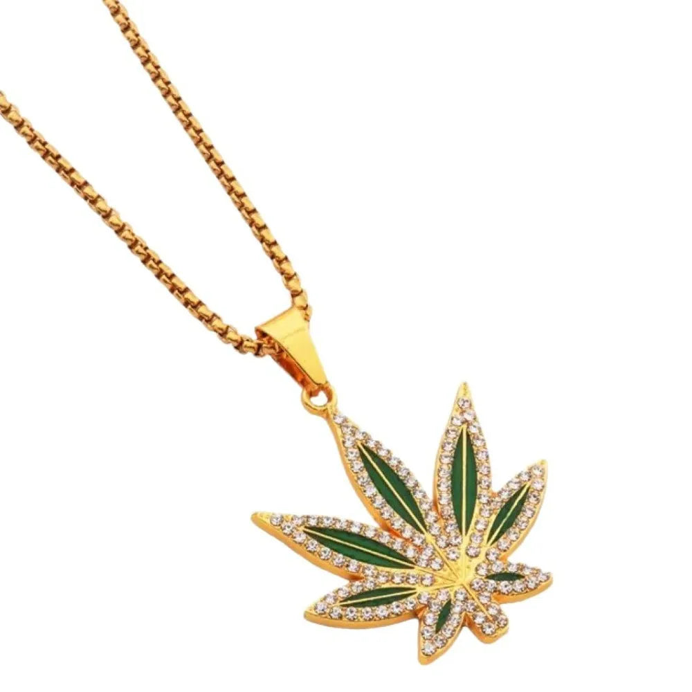 Punk Hip-hop Shiny Inlaid Zircon Oil Painting Green Drip Glaze Large Maple Leaf Pendant Box Chain Necklace for Men Women Jewelry