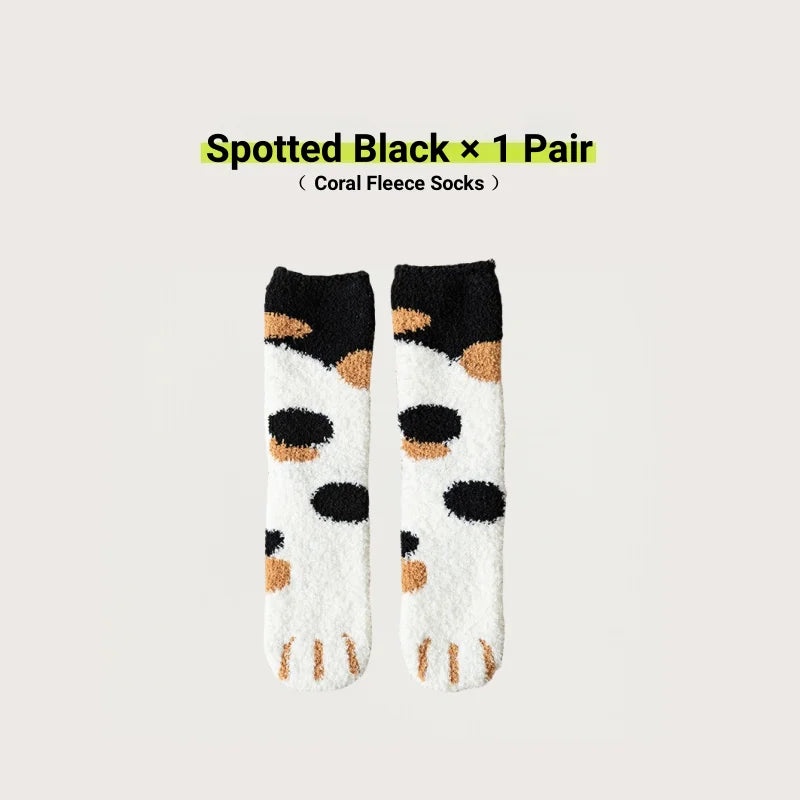 Women Cute Cat Paw Coral Fleece Socks Winter Thermal Thick Warm Fluffy Mid Calf Socks Non Slip Home Floor Sleep House Cozy Gift
