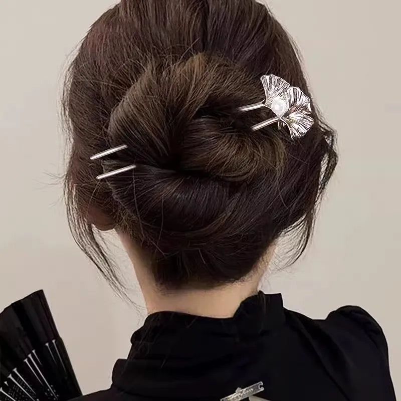 Pearl U-Shaped Hair Fork Fashion Metal Hairpin Geometric Headwear Ginkgo Leaves Hair Sticks Bun Women Girls  Hair Accessories