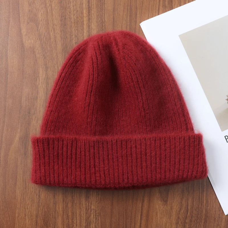 100%Merino Wool Beanies For Women&Men Winter Warm Soft Solid Knitted Thick Skullies Cap Flipped Heap Pullover Cap Ski Bonnet