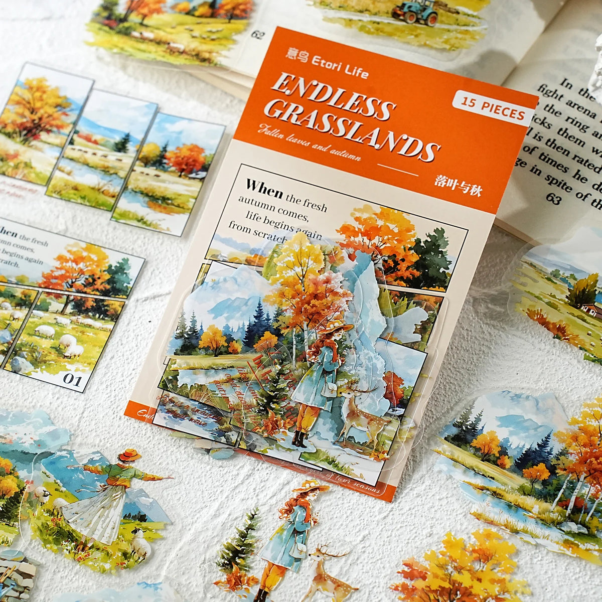 Etori Life Falling Leaves and Autumn 15Pcs Golden Autumn Scenery with Lake and Stream Pattern Pet Stickers for Laptops, Phone Stickers, Photo Albums, Suitcases, Room Decoration, Scrapbooking Supplies, DIY Crafts, Student Gift