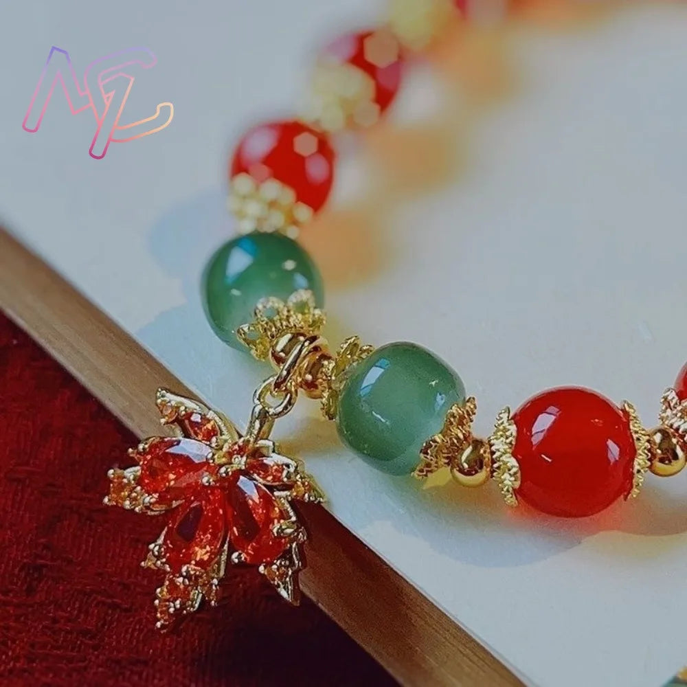 Red Natural Jade Beads Bracelet Maple Leaf Bangle Real Jewelry Fashion Gifts for Women Charm Gemstone Designer Accessories